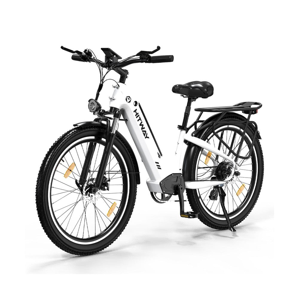White electric bike with black components on a white background