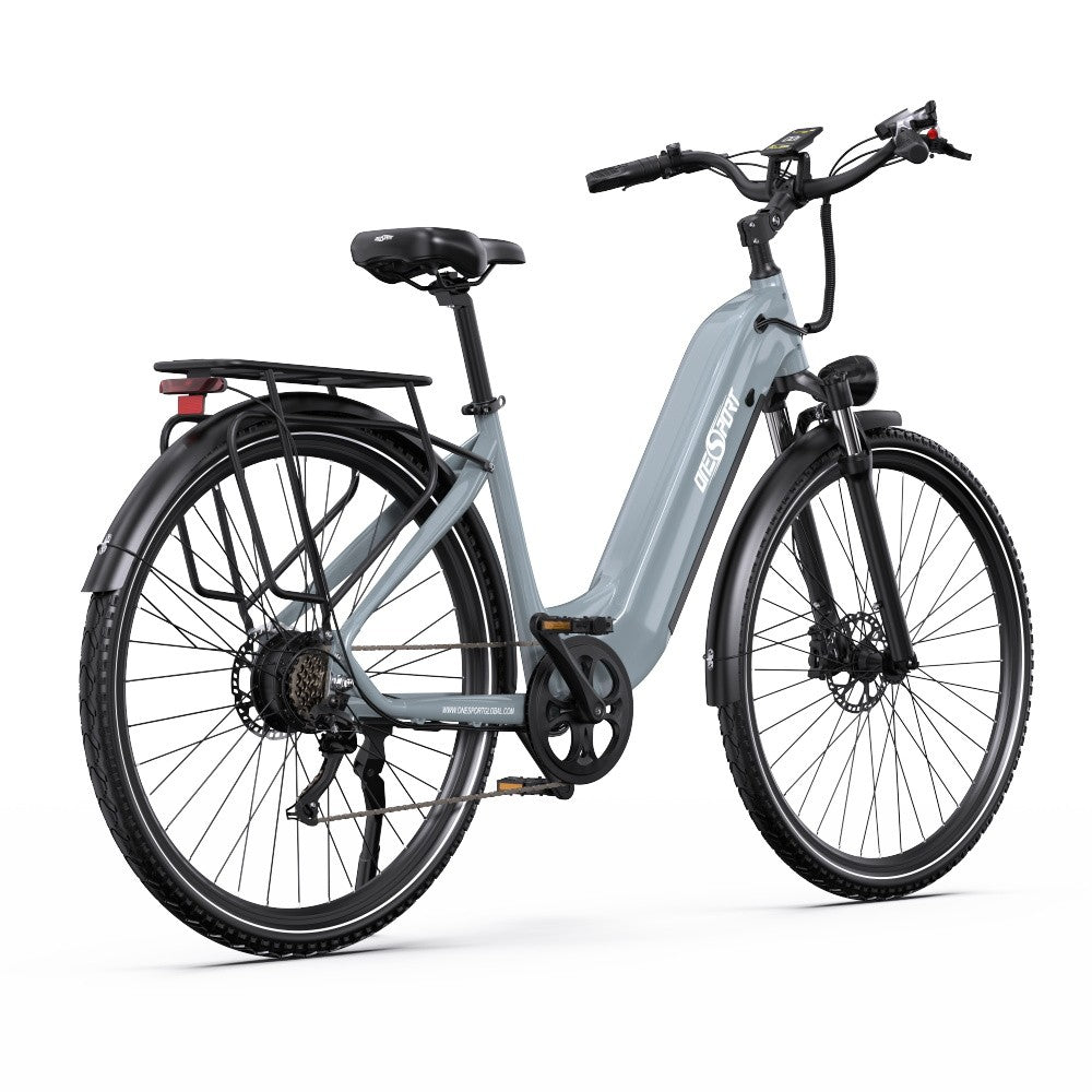 Grijze elektrische fiets op witte achtergrond