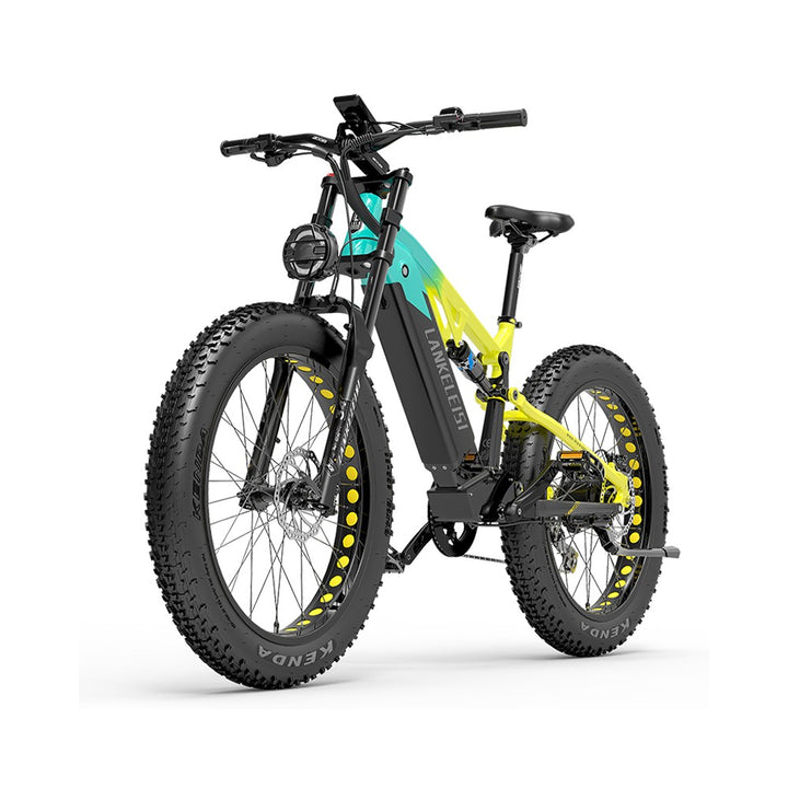 Electric bike with black frame, teal accents, and yellow details on a white background
