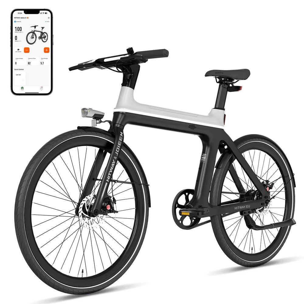 Electric bike with smartphone app display on a white background