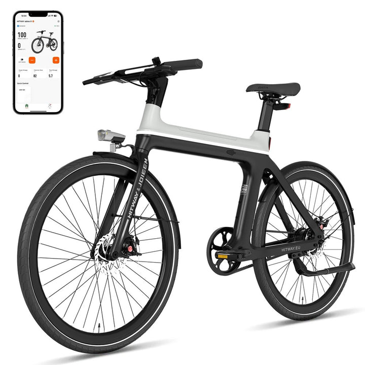 Electric bike with smartphone app display on a white background