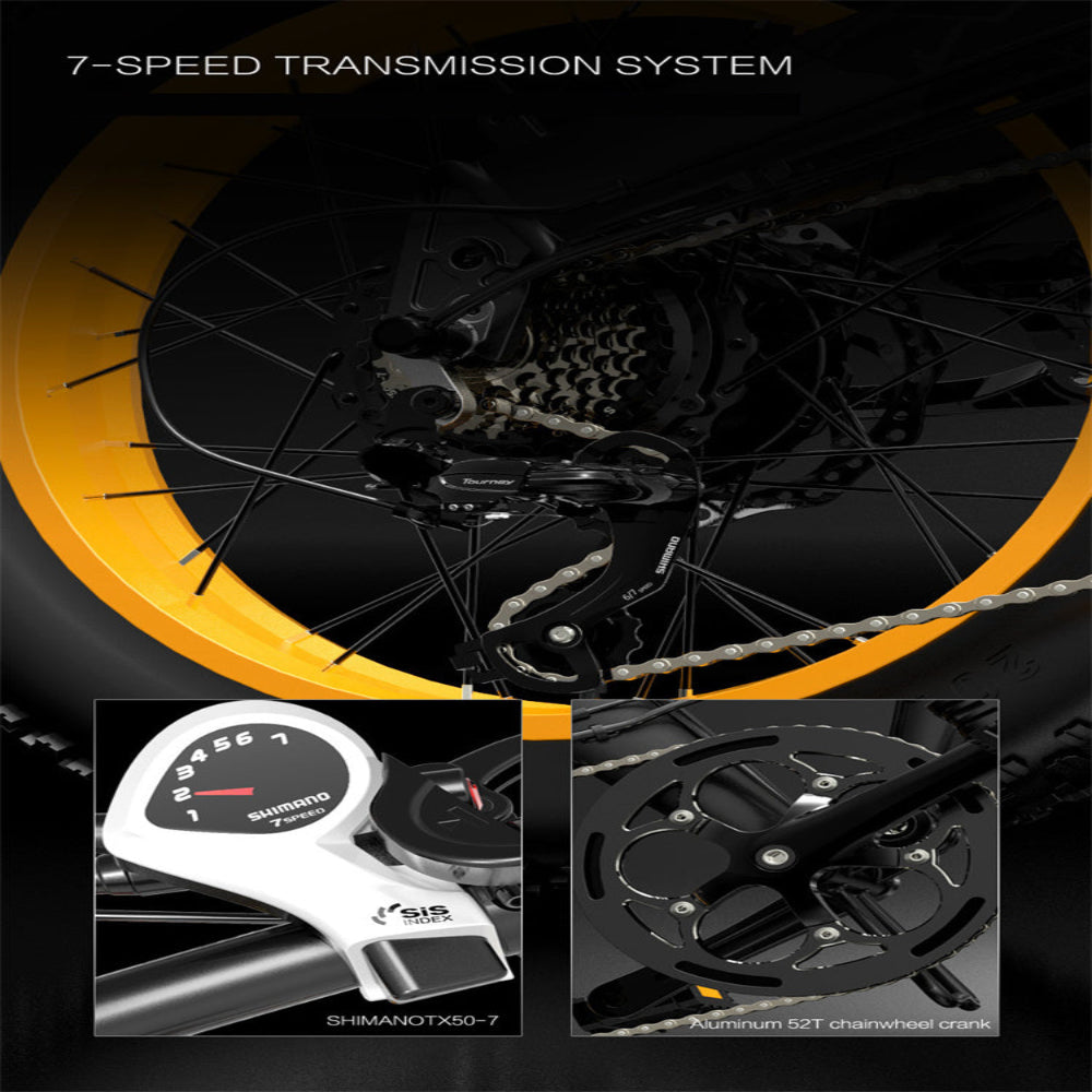 Close-up of a bicycle's 7-speed transmission system with Shimano branding.