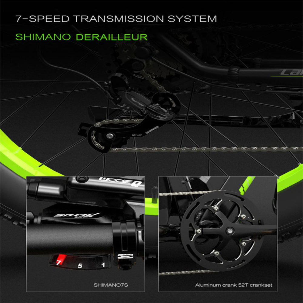 Bicycle chain and gear system with Shimano derailleurs on a dark background