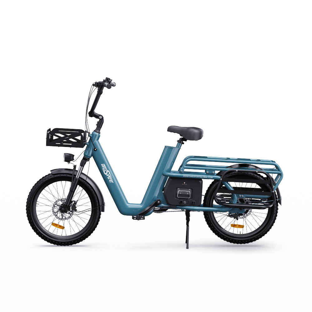 "Bright blue DUO OT01 electric bike with aluminum alloy body, power-off brake handles, and front lighting"