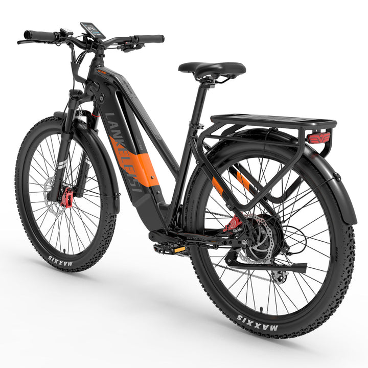 Black electric bike with orange accents on a white background