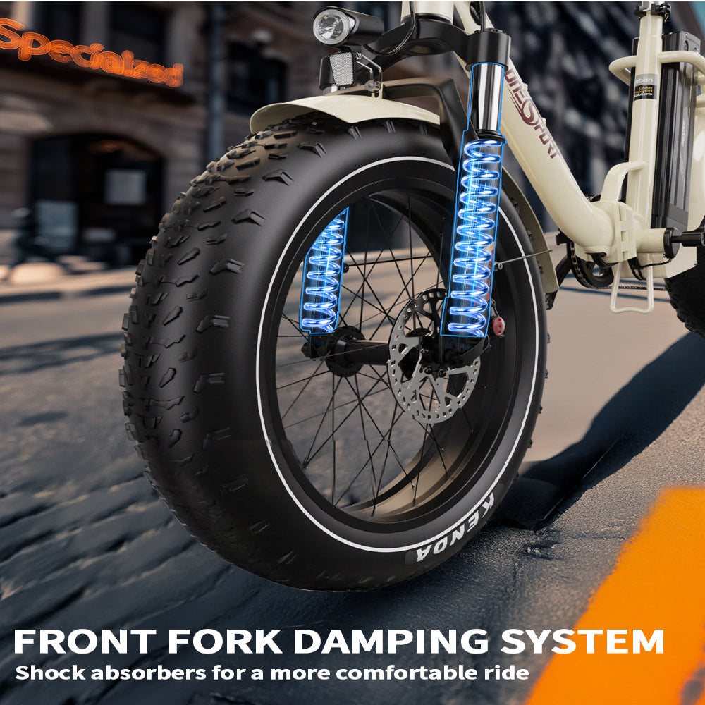 Close-up van een fietsvoorwiel met een dempingssysteem in de voorvork, met Specialized logo.