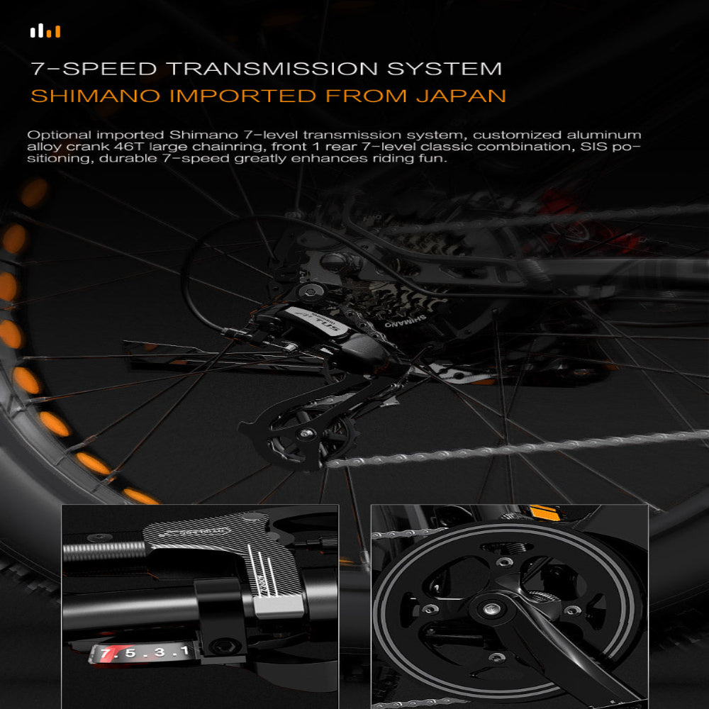 Bicycle transmission system with Shimano branding, imported from Japan, on a dark background.