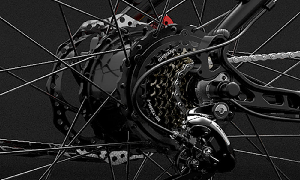 Close-up of a bicycle gear system with a black background