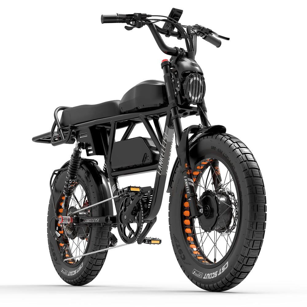 Black electric bike with orange accents on a white background