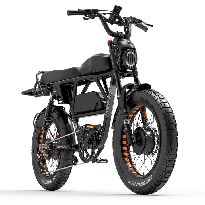 Black electric bike with orange accents on a white background