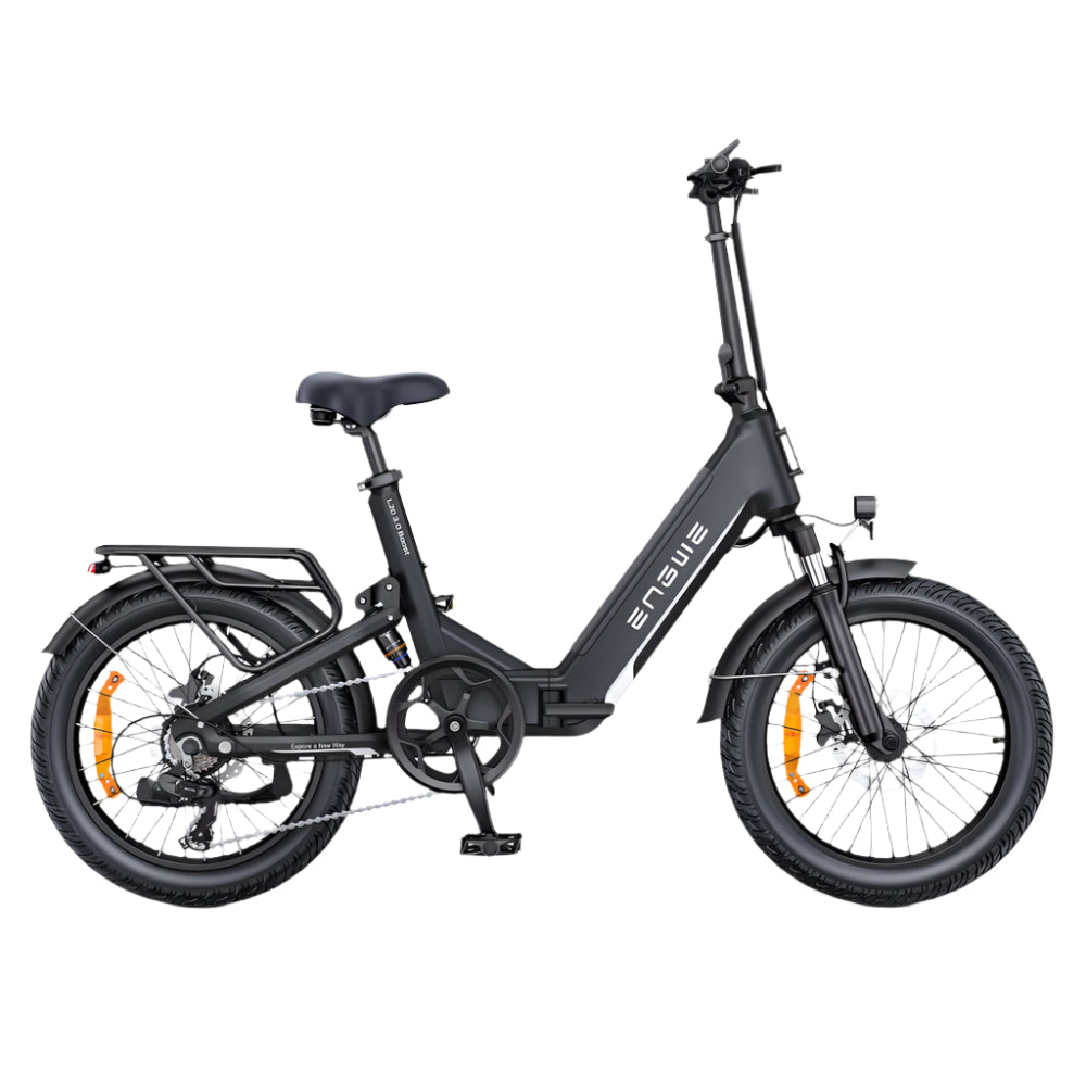 Zwarte elektrische fiets met 'ENgwe'-logo op een witte achtergrond