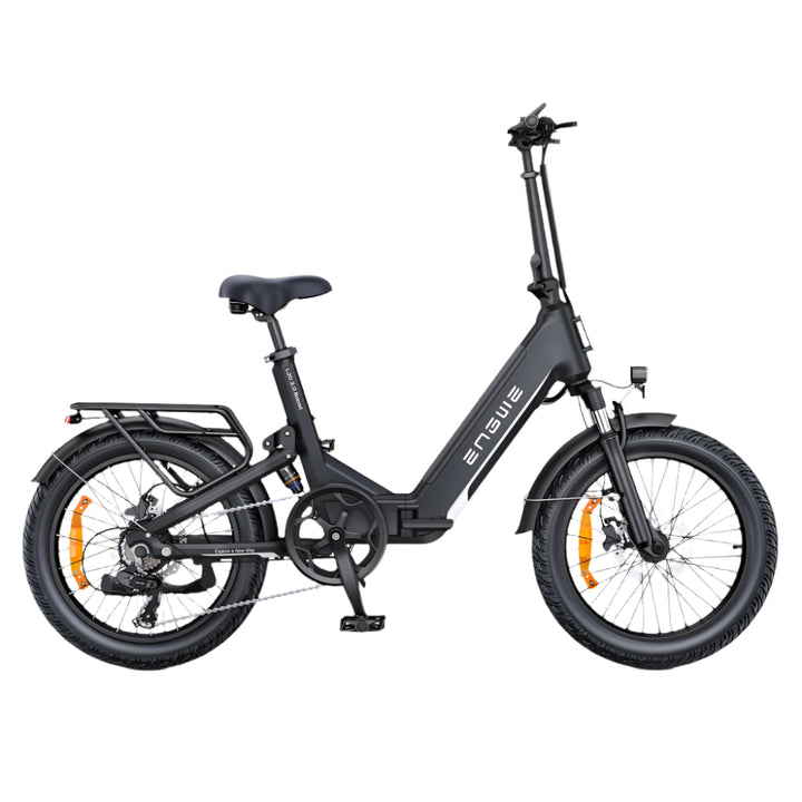Zwarte elektrische fiets met 'ENgwe'-logo op een witte achtergrond