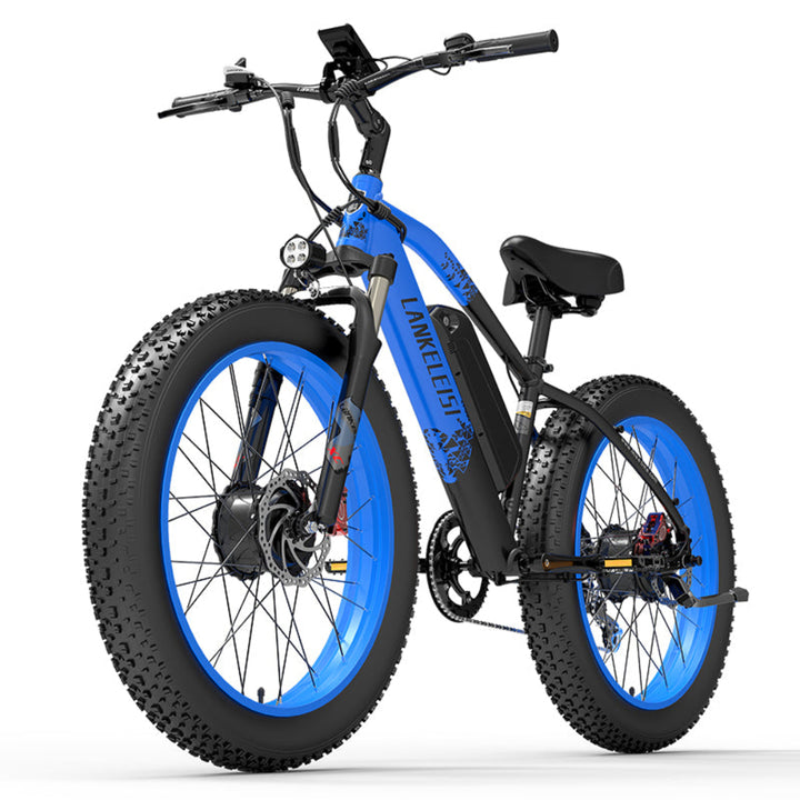 Electric bike with blue wheels on a white background