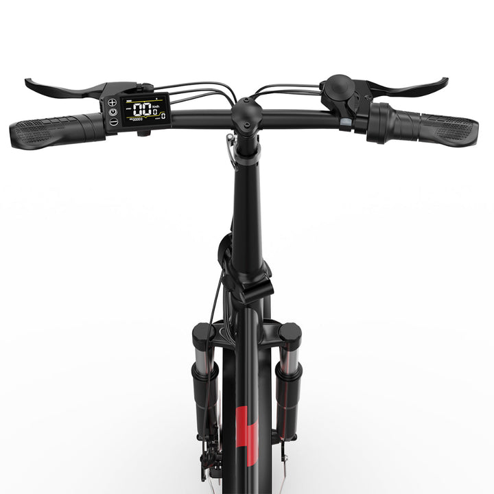 "DUO OT16-2 Folding Electric Bike in black, showcasing its 20-inch iron frame, front and rear lights, and LCD display with Bluetooth connectivity."