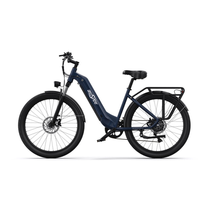 "DUO OT05 Electric Bike in blue, featuring a 27.5"" aluminum frame, spoked wheels, and front light, designed for performance and efficiency."