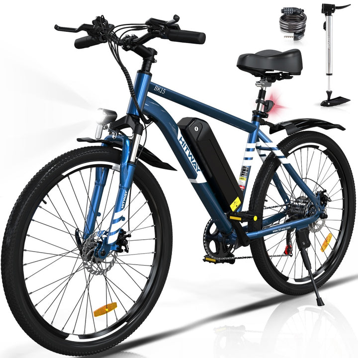 Blue electric bicycle with additional components on a white background