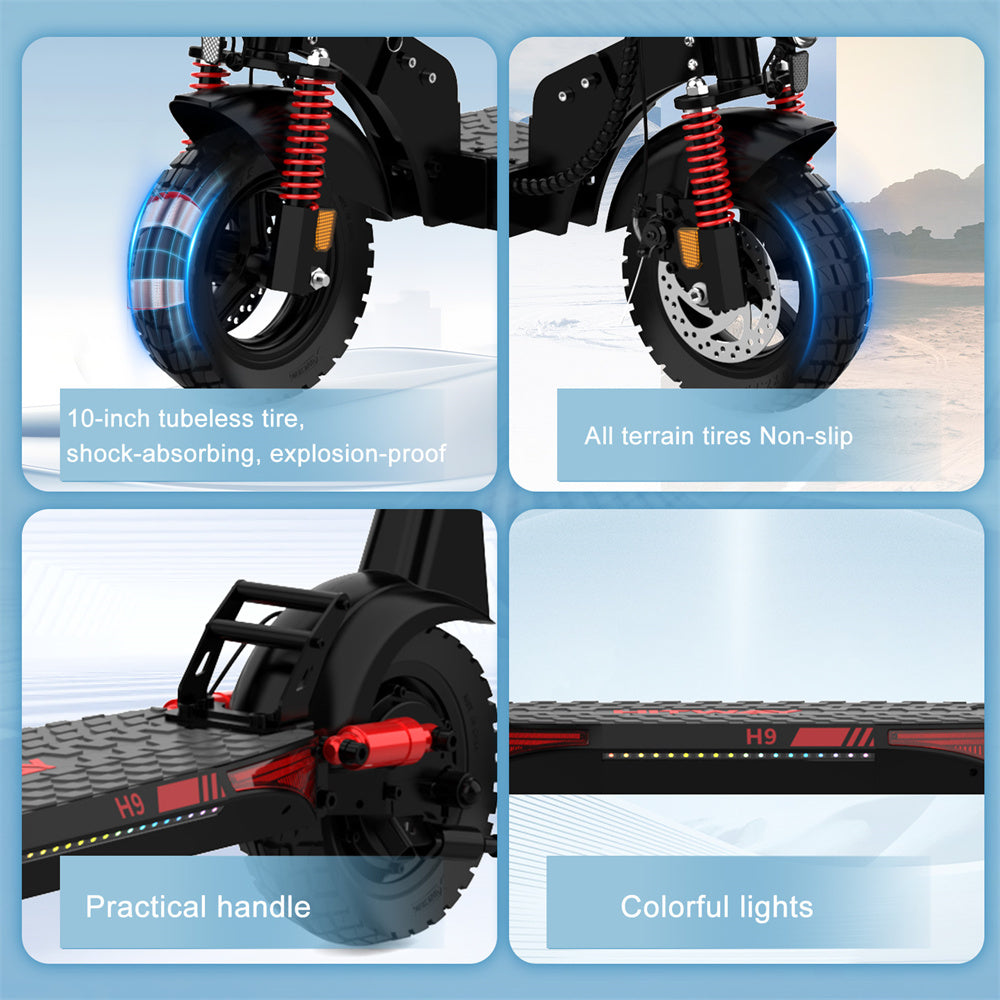 Collage of electric scooter features including wheels, handle, and lights on a blue background.