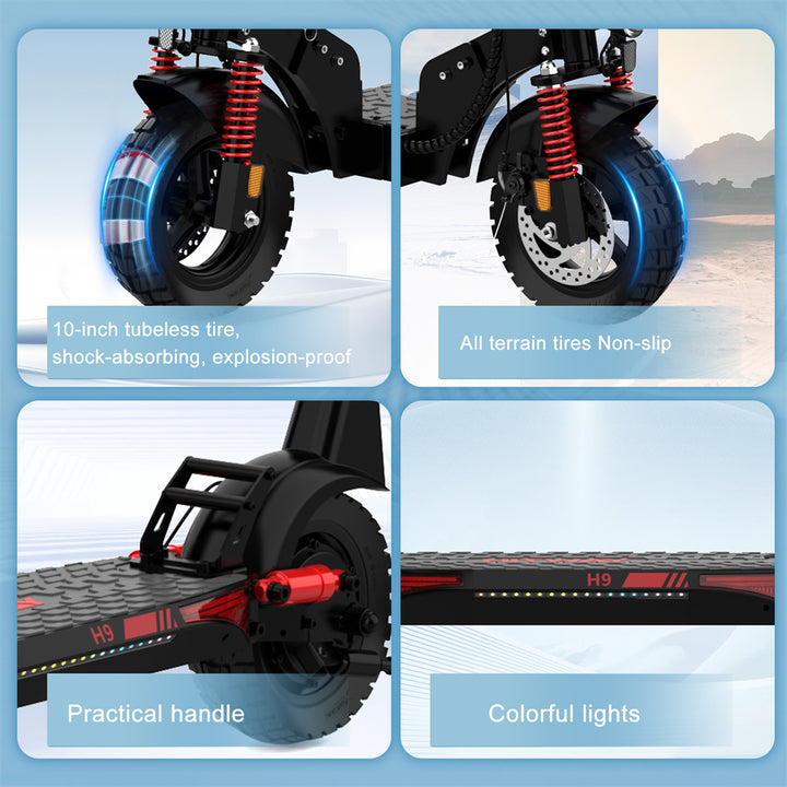 Collage of electric scooter features including wheels, handle, and lights on a blue background.
