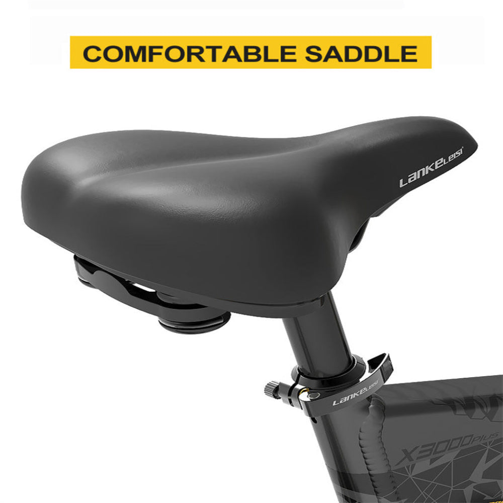Black bicycle saddle with 'Lance' branding on a white background