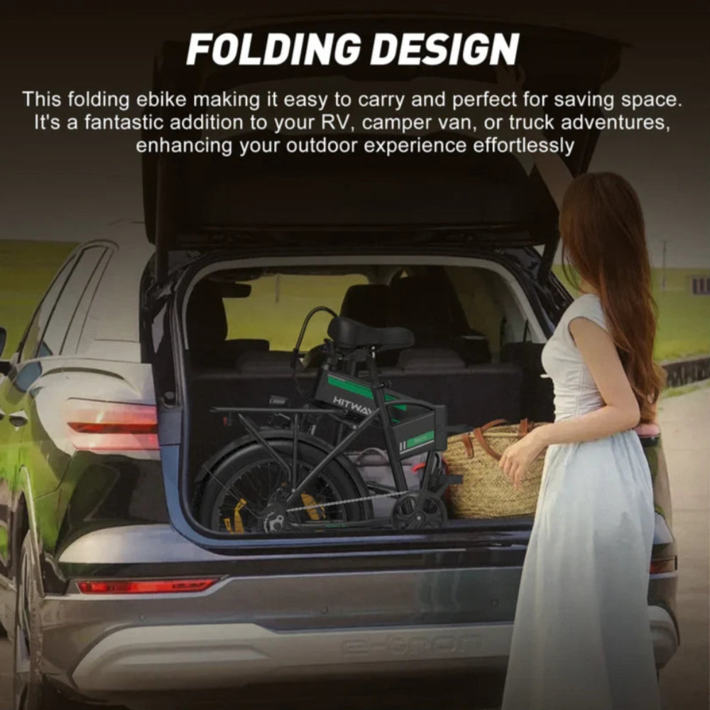 Folding electric bike in a car trunk with text about its convenience for outdoor adventures.