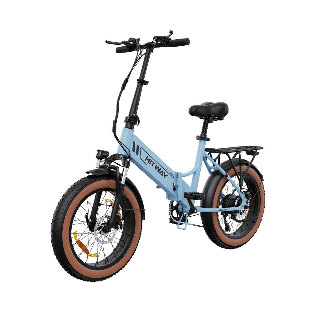 Blue electric bike with brown tires on a white background