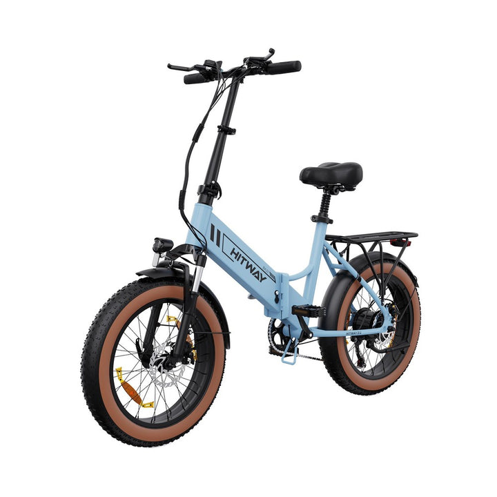 Blue electric bike with brown tires on a white background