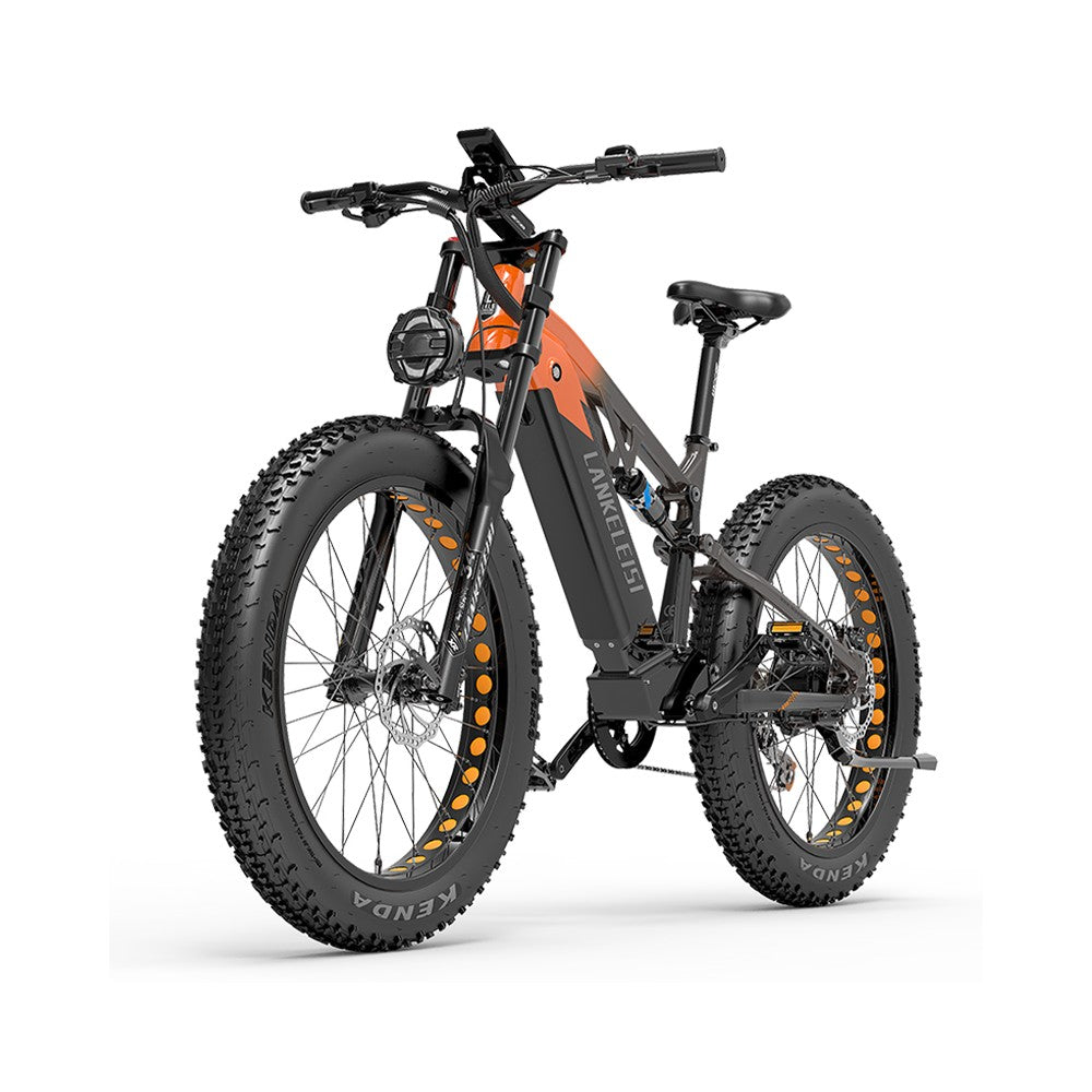 Electric bike with black frame and orange accents on a white background