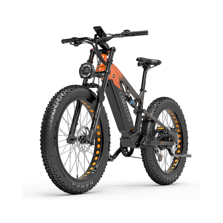 Electric bike with black frame and orange accents on a white background