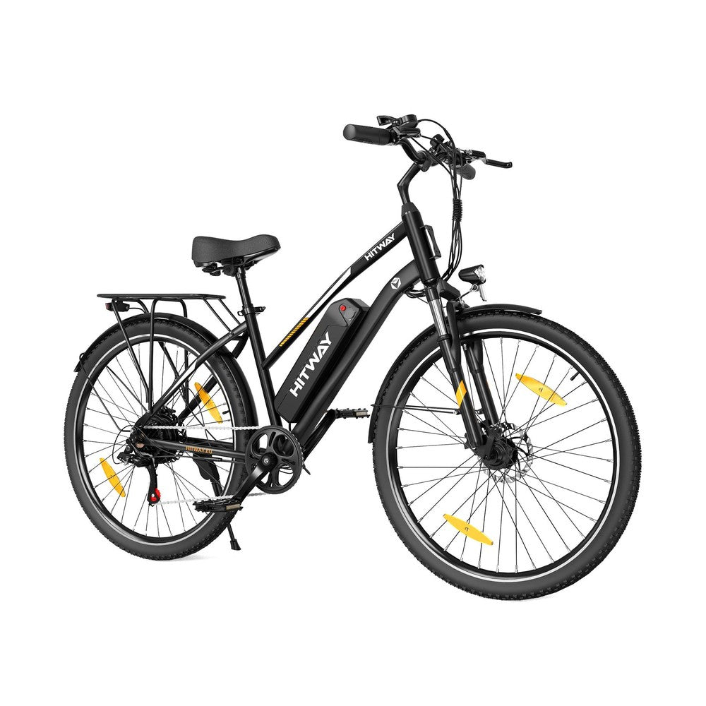 Black electric bicycle with yellow reflectors on a white background