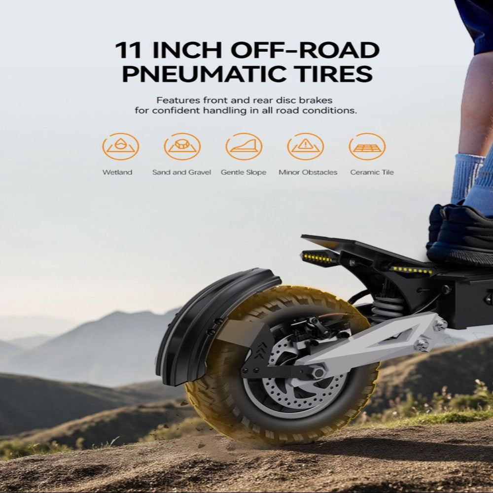 11 inch off-road pneumatic tire on a scooter with mountainous background