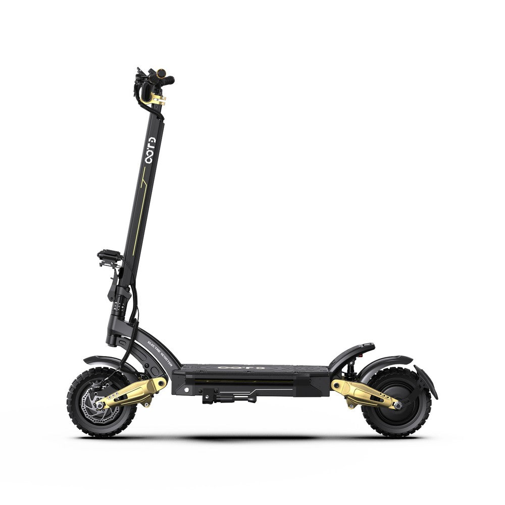 Black and gold electric scooter on a white background