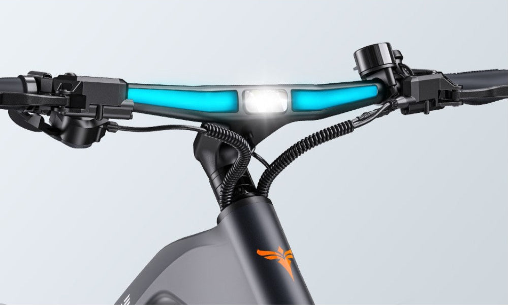 Close-up of a bicycle handlebar with lights and a brand logo on a light blue background