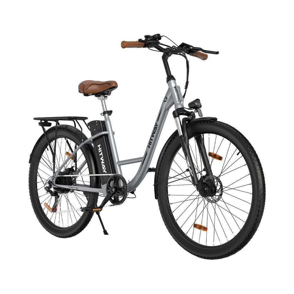 Gray electric bicycle with brown seat on a white background