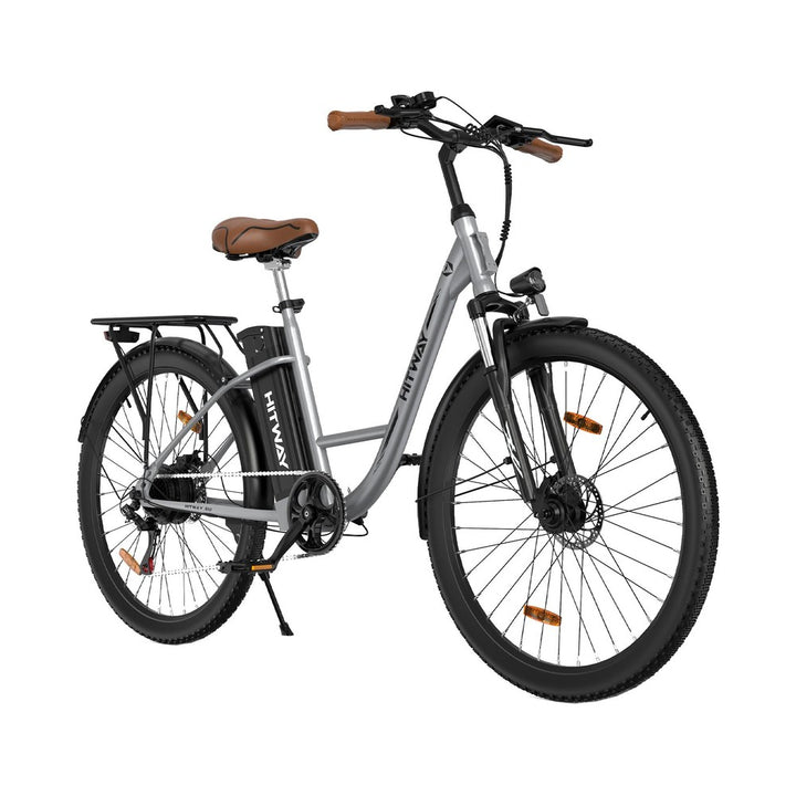 Gray electric bicycle with brown seat on a white background