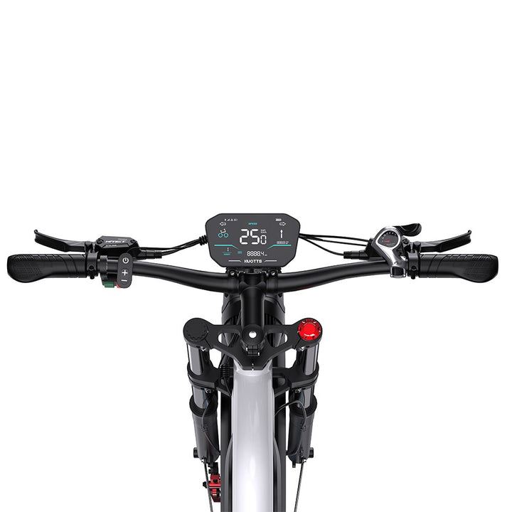 Close-up of a bicycle handlebar with a digital display on a white background