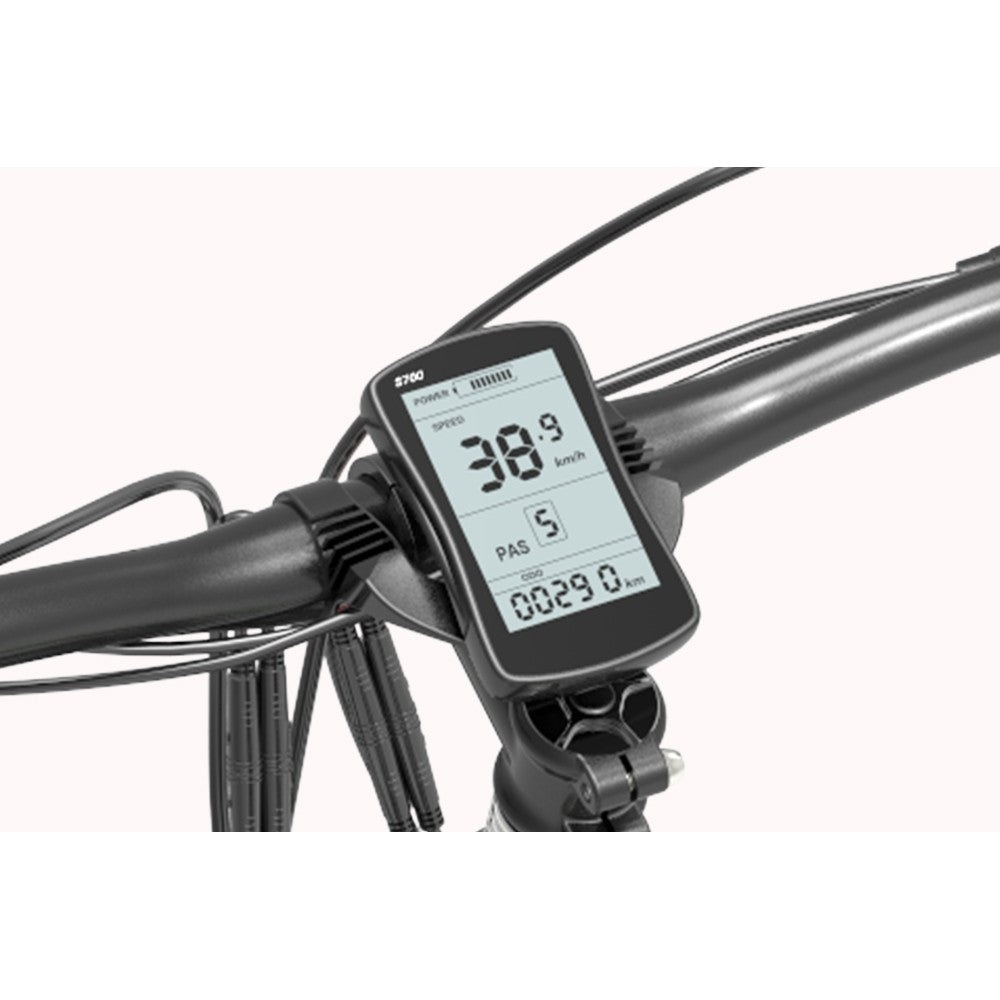 Digital display on a bicycle handlebar with a white background