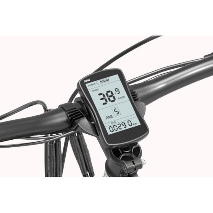 Digital display on a bicycle handlebar with a white background