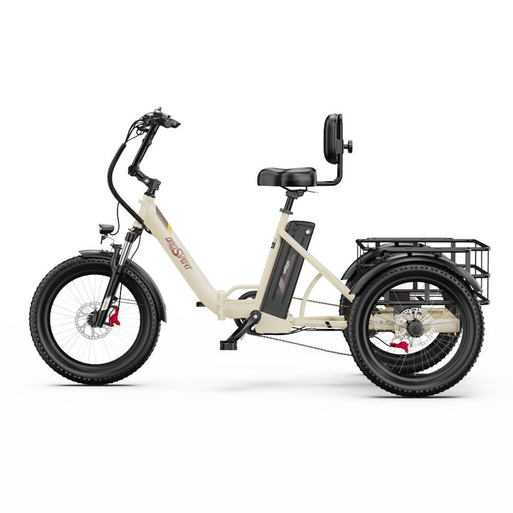 Beige electric tricycle with a basket on a white background