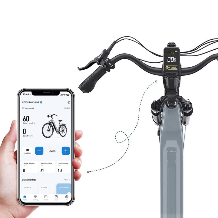 Smartphone displaying an app interface connected to an electric bike's handlebar control panel.
