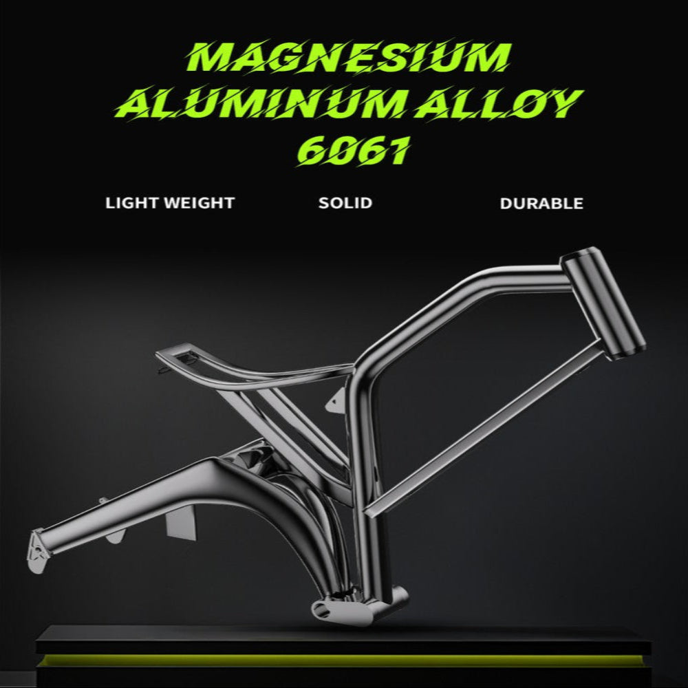 Metallic frame with 'Magnesium Aluminum Alloy 6061' text on a black background