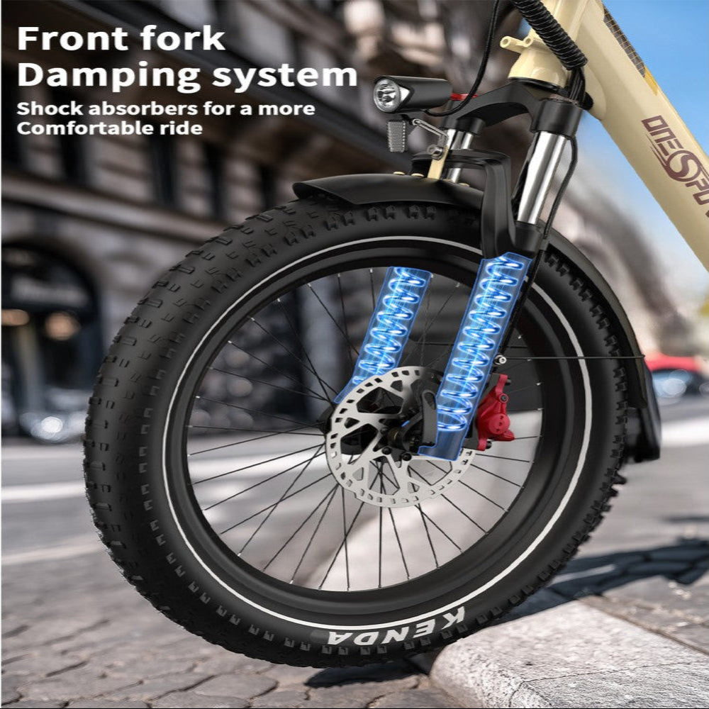 Close-up of a bicycle front wheel with a damping system on a blurred street background