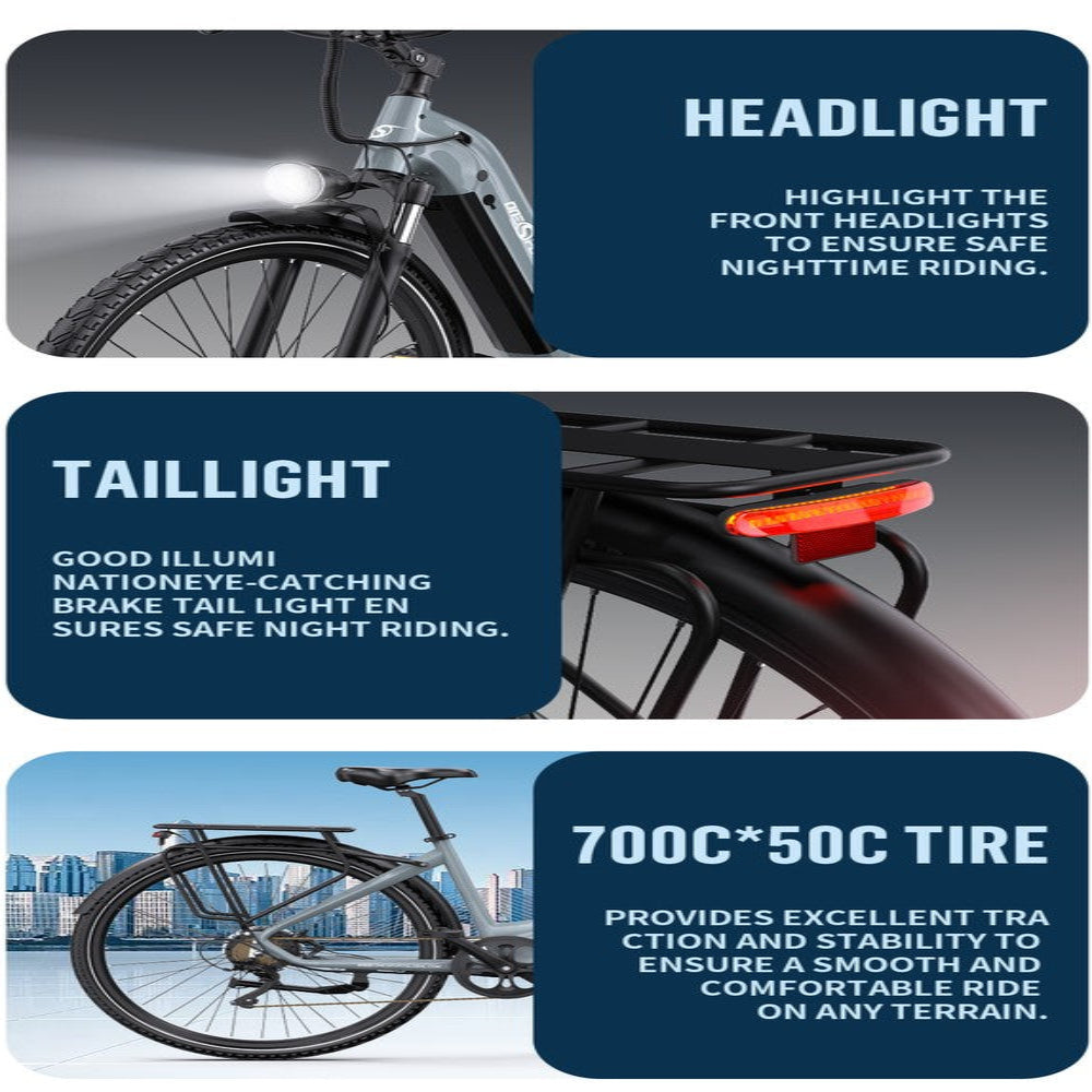 Bicycle with highlighted components for safe nighttime riding including headlights and taillights, and a 700C*50C tire.