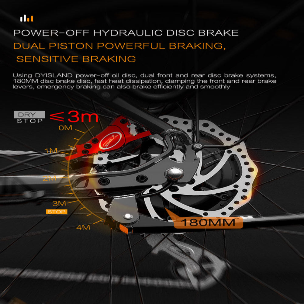 Power-off hydraulic disc brake system with text and diagram on a dark background