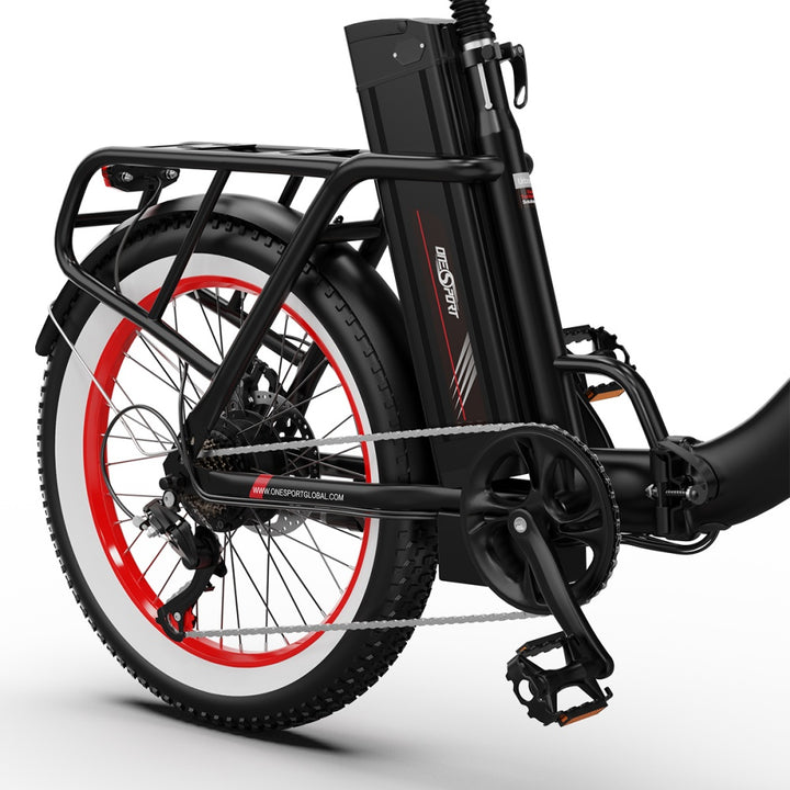 "DUO OT16-2 Folding Electric Bike in black color with 20-inch frame and pneumatic tires, front and rear disc brakes, and LCD display."