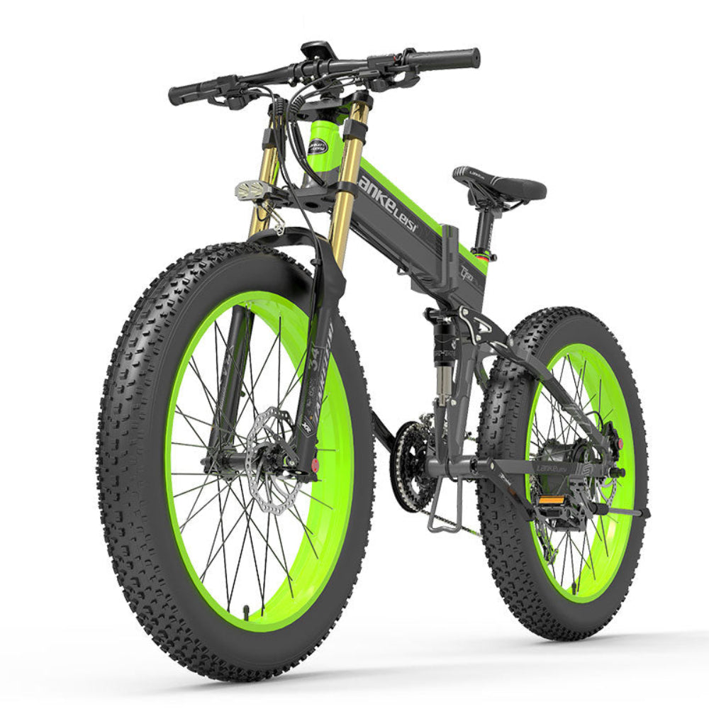 Green and black electric bike on a white background