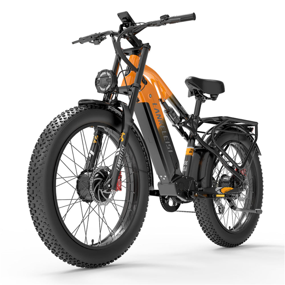 Electric bike with orange frame and black tires on a white background