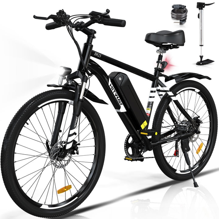 Black electric bicycle with a visible brand logo on a white background
