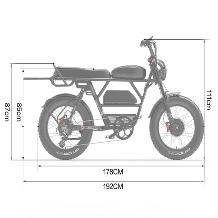 Measurement chart of a motorcycle with dimensions labeled