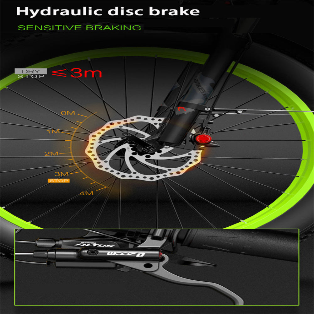 Bicycle hydraulic disc brake system with close-up details on a dark background