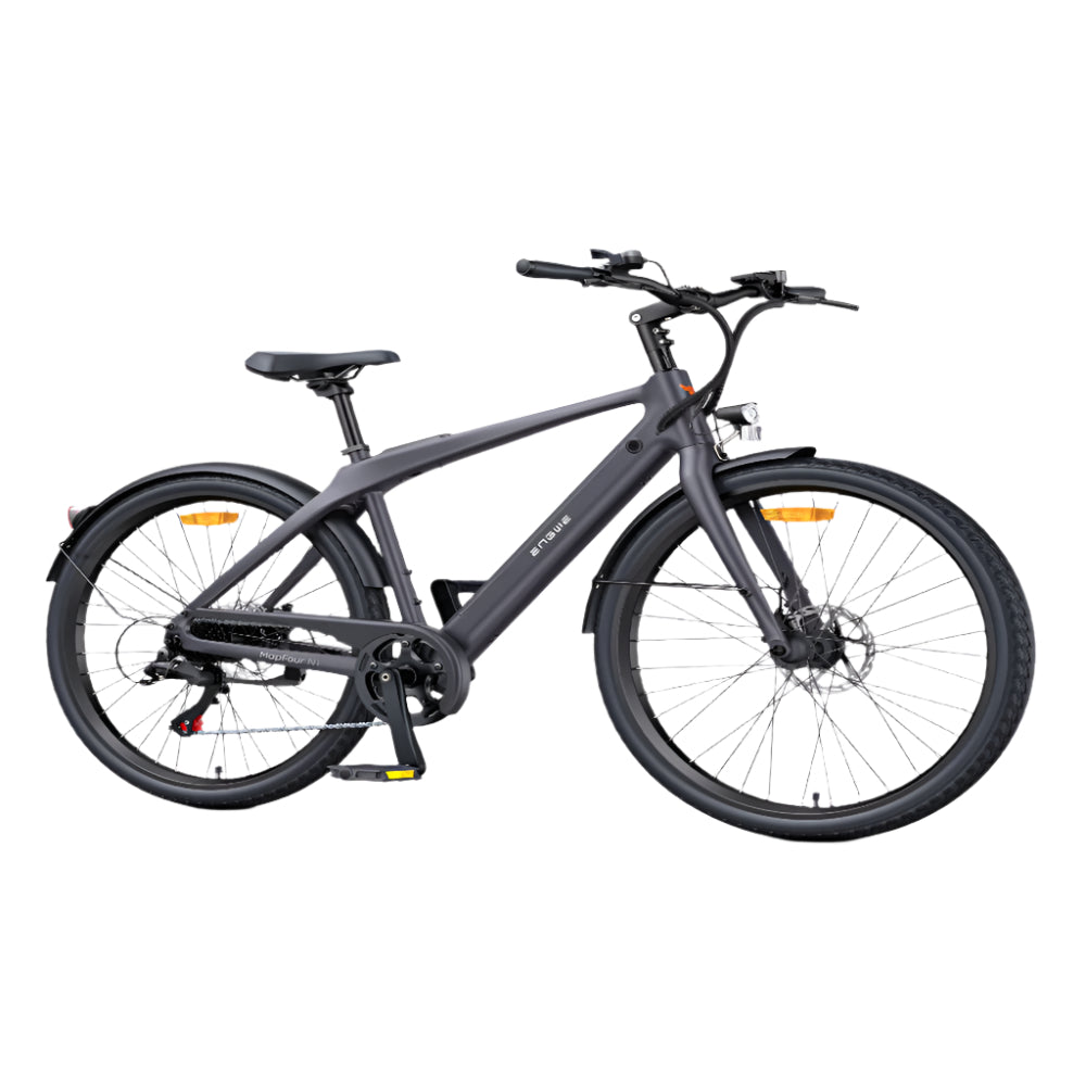 Grijze elektrische fiets op witte achtergrond
